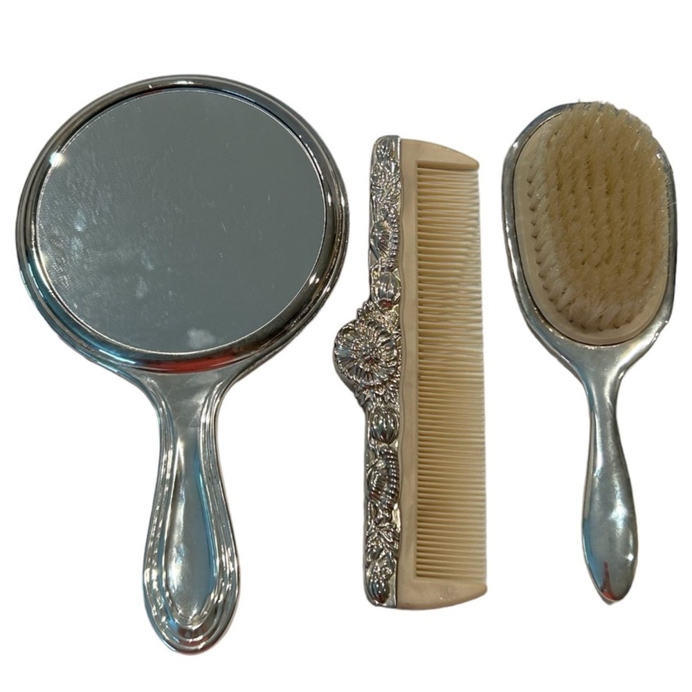 Vintage Hand Decorative Silver Plate Vanity Mirror Comb Brush Set (3 pcs)
